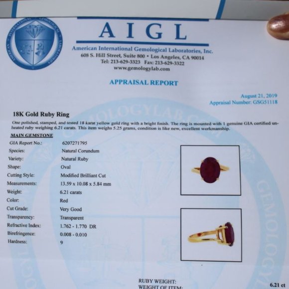 GIA Longido Ruby 6.21ct Solid 18K Yellow Gold Ring - Picture 8 of 10